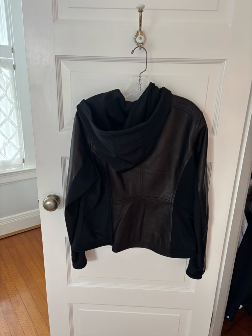 Athleta Black Leather Asym Zip Motorcycle Hoodie Jacket Size XL - Picture 5 of 7